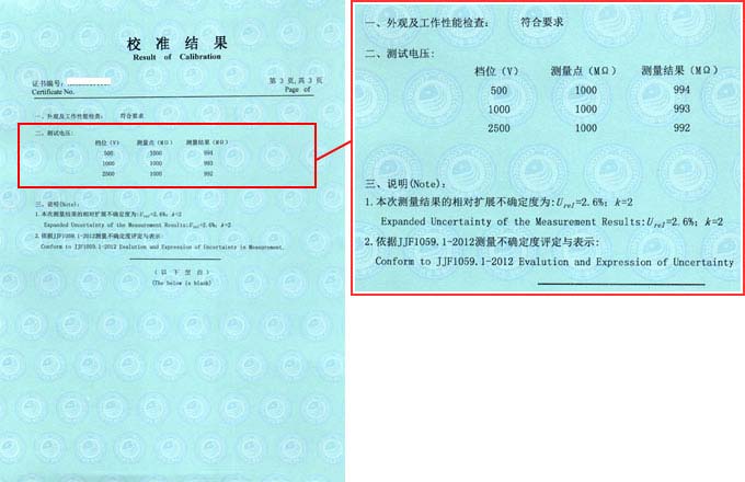 絕緣電阻測(cè)試儀校準(zhǔn)證書(shū)結(jié)果頁(yè)圖片