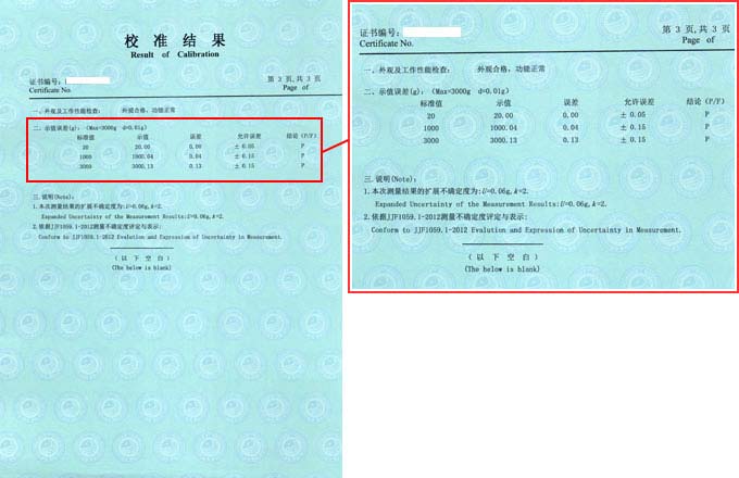 電子天平校準(zhǔn)證書結(jié)果頁圖片