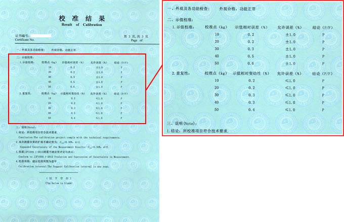拉力試驗機校準證書結(jié)果頁圖片